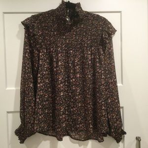Dark Floral Semi-Sheer Smocked High Neck Ruffle Shoulder Blouse NWT